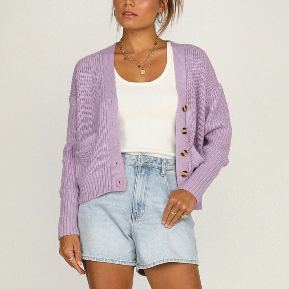 Lavender Knit Button Front Cardigan - Picture 5 of 16